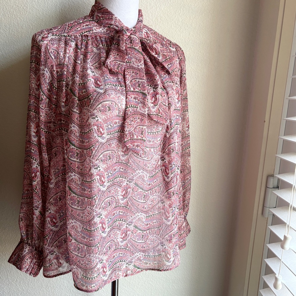 Zara Pink Paisley Long Sleeve Bow Neck Chiffon Blouse XS